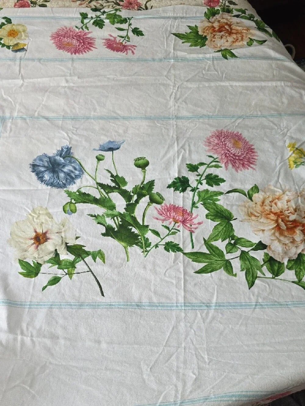 Williams-Sonoma Cotton Tablecloth with Green and Blue Floral Details